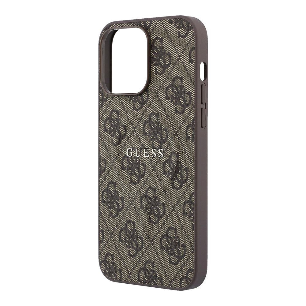 Apple iPhone 15 Pro Max Kılıf Guess M-safe Kabartmalı 4G Desenli Yazı Logolu Kapak Kahverengi