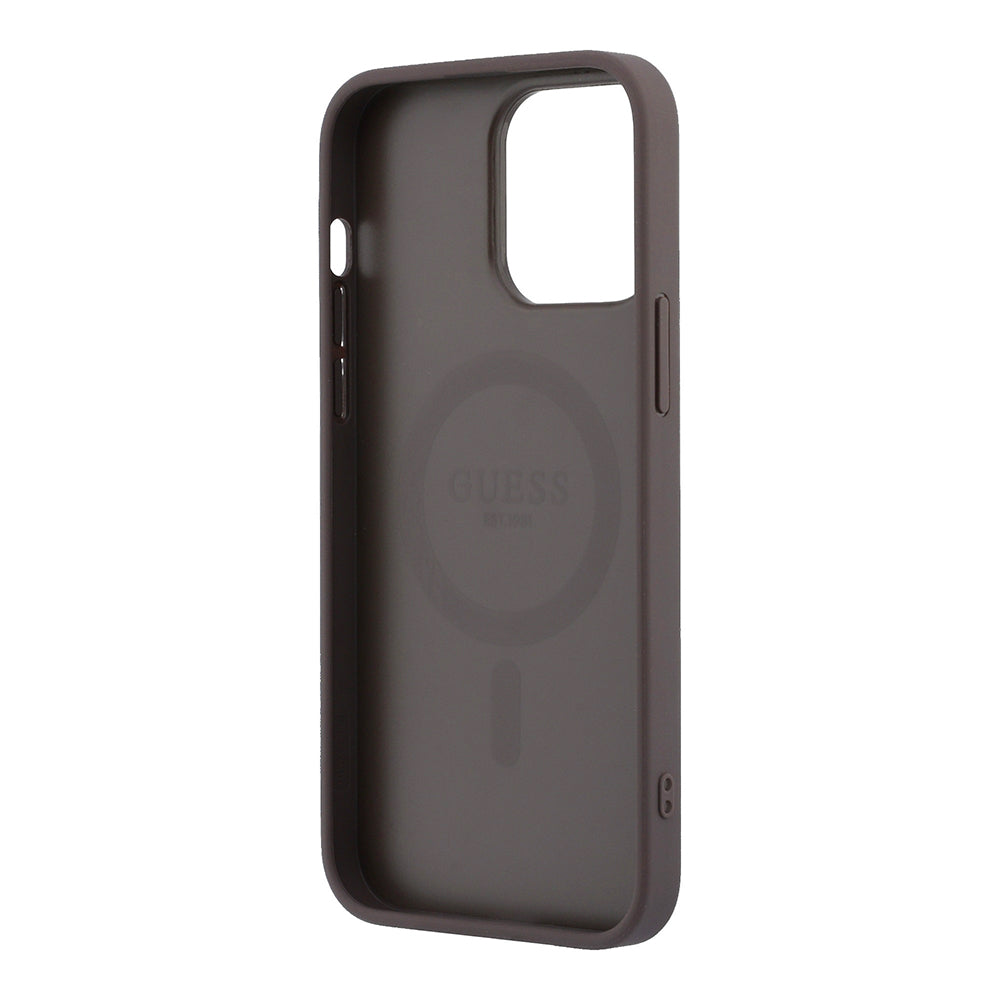 Apple iPhone 15 Pro Max Kılıf Guess M-safe Kabartmalı 4G Desenli Yazı Logolu Kapak Kahverengi