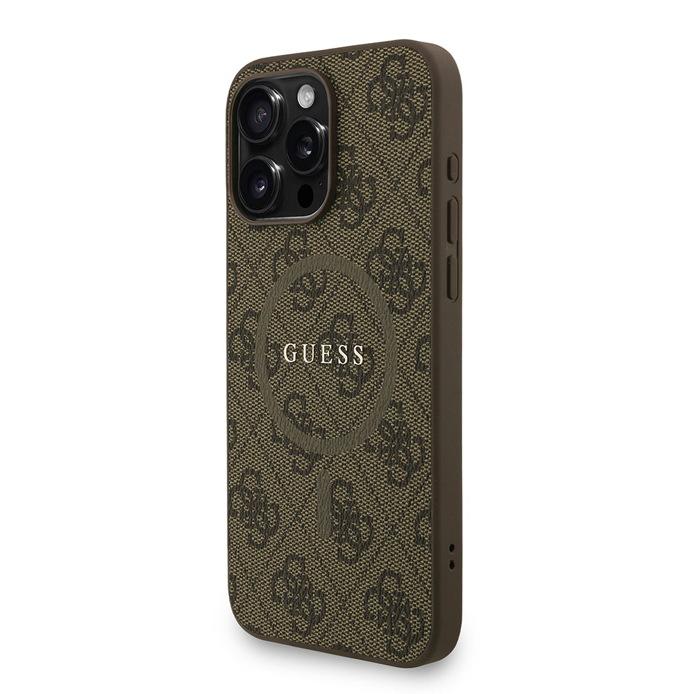 Apple iPhone 15 Pro Max Kılıf Guess M-safe Şarj Özellikli Bilek Askı İpli Yazı Logolu Kapak Kahverengi