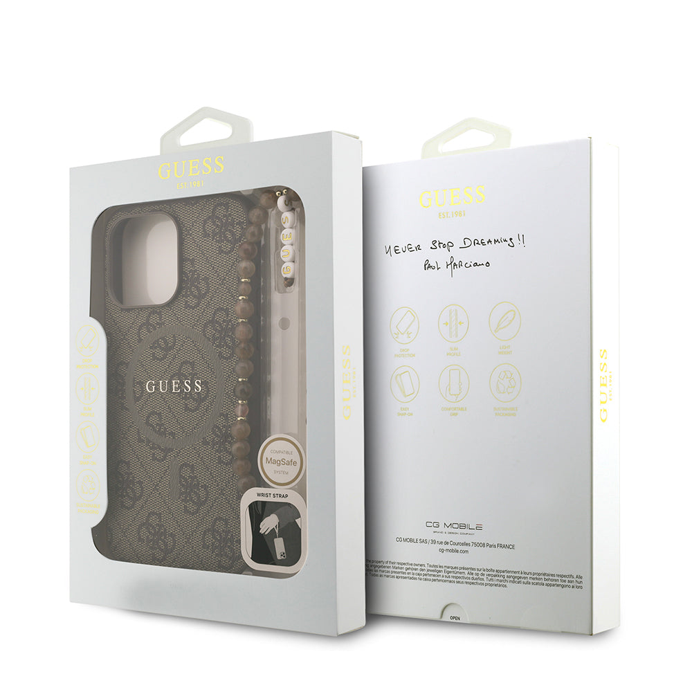 Apple iPhone 15 Pro Max Kılıf Guess M-safe Şarj Özellikli Bilek Askı İpli Yazı Logolu Kapak Kahverengi