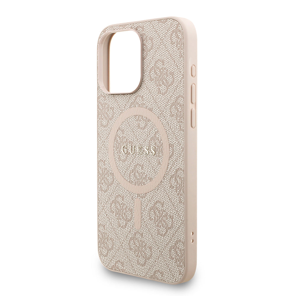 Apple iPhone 15 Pro Max Kılıf Guess M-safe Şarj Özellikli Bilek Askı İpli Yazı Logolu Kapak Pembe