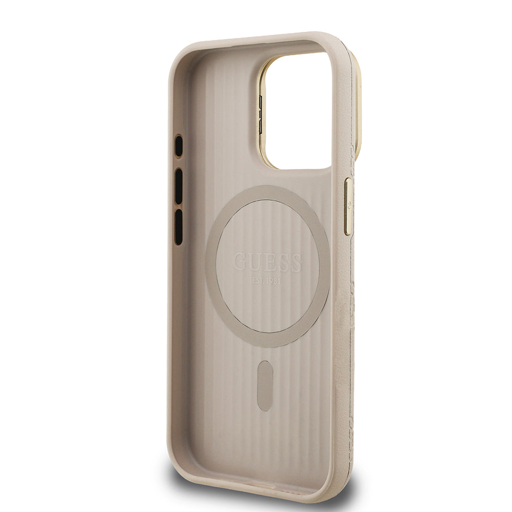 Apple iPhone 15 Pro Max Kılıf Guess M-safe Şarj Özellikli Kamera Standlı Peony Kapak PU Deri Bej