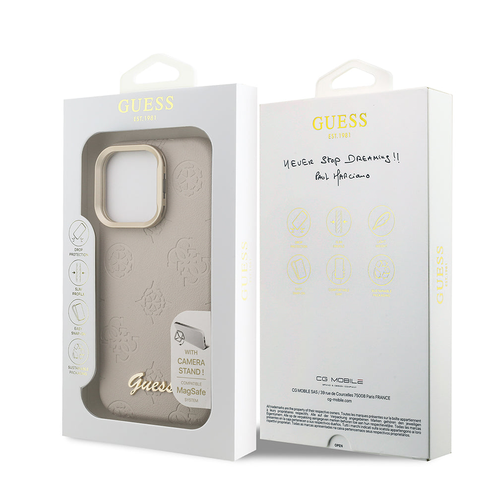 Apple iPhone 15 Pro Max Kılıf Guess M-safe Şarj Özellikli Kamera Standlı Peony Kapak PU Deri Bej