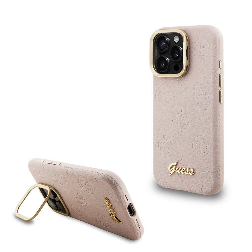 Apple iPhone 15 Pro Max Kılıf Guess M-safe Şarj Özellikli Kamera Standlı Peony Kapak PU Deri Pembe