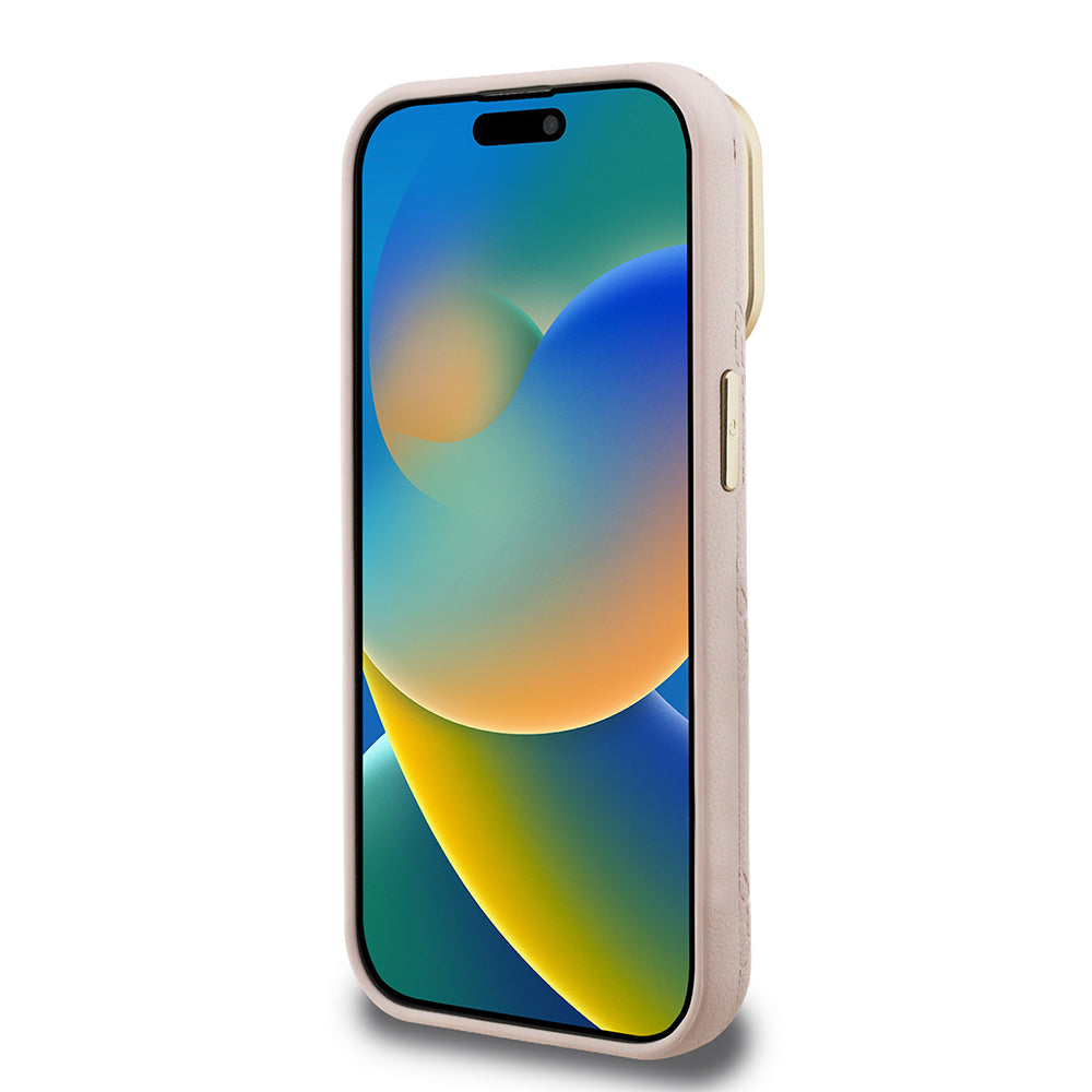 Apple iPhone 15 Pro Max Kılıf Guess M-safe Şarj Özellikli Kamera Standlı Peony Kapak PU Deri Pembe