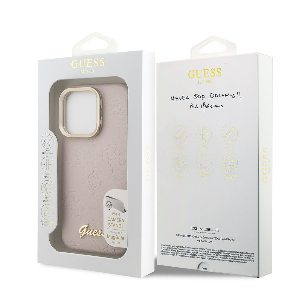 Apple iPhone 15 Pro Max Kılıf Guess M-safe Şarj Özellikli Kamera Standlı Peony Kapak PU Deri Pembe