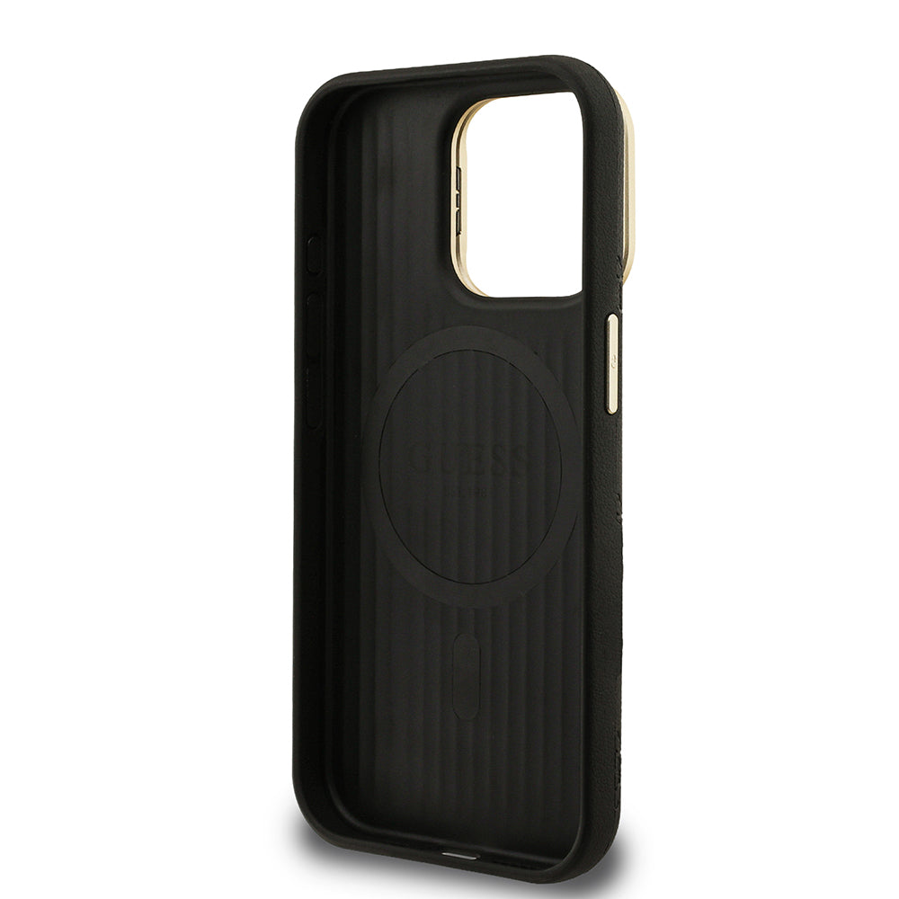 Apple iPhone 15 Pro Max Kılıf Guess M-safe Şarj Özellikli Kamera Standlı Peony Kapak PU Deri Siyah
