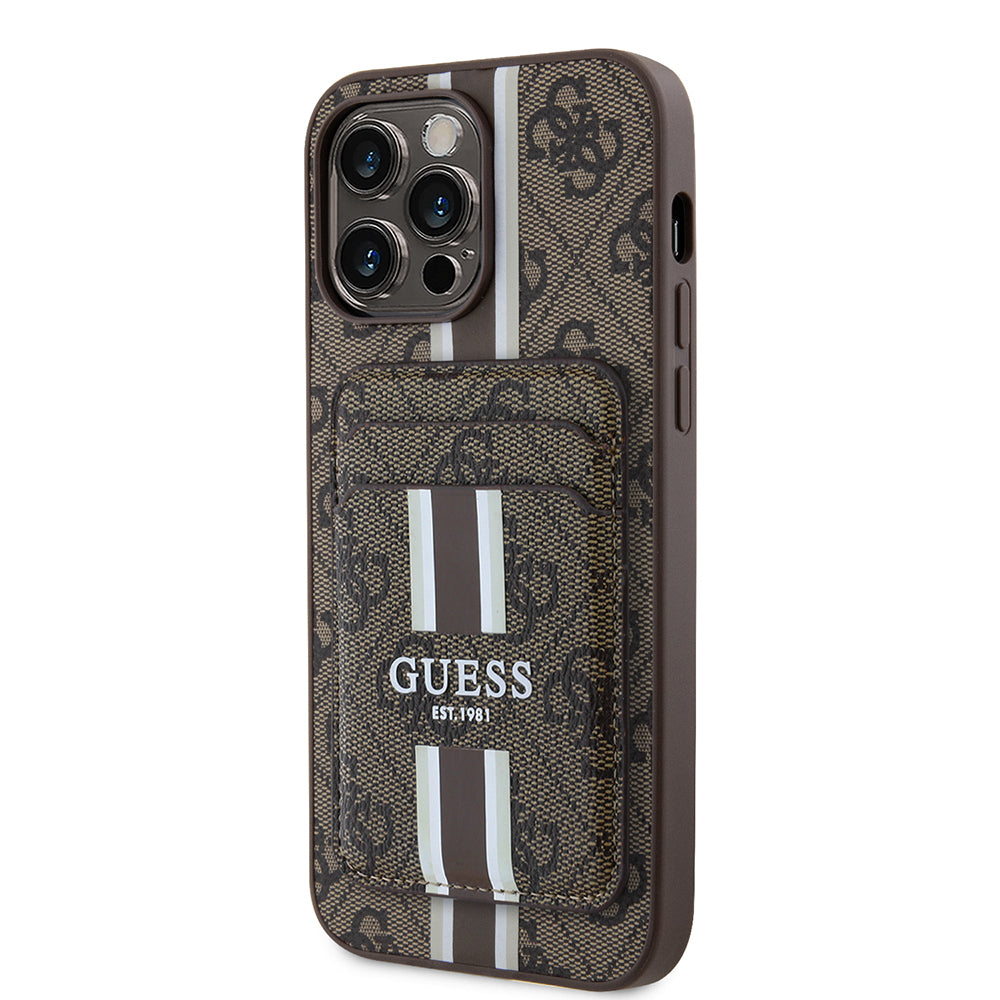 Apple iPhone 15 Pro Max Kılıf Guess Magsafe Şarj Özellikli 4G Desenli Çizgili Kartlıklı Kapak Kahverengi