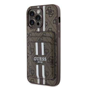 Apple iPhone 15 Pro Max Kılıf Guess Magsafe Şarj Özellikli 4G Desenli Çizgili Kartlıklı Kapak Kahverengi