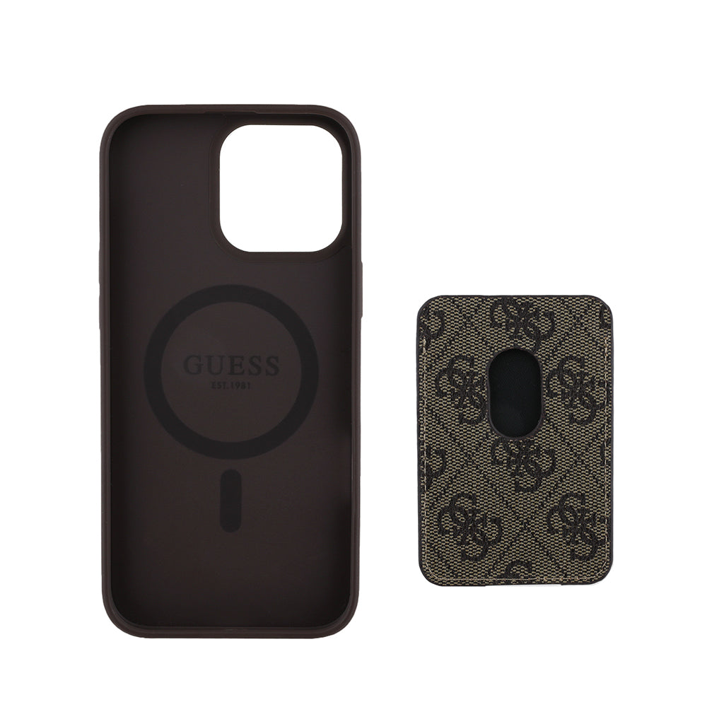 Apple iPhone 15 Pro Max Kılıf Guess Magsafe Şarj Özellikli 4G Desenli Çizgili Kartlıklı Kapak Kahverengi