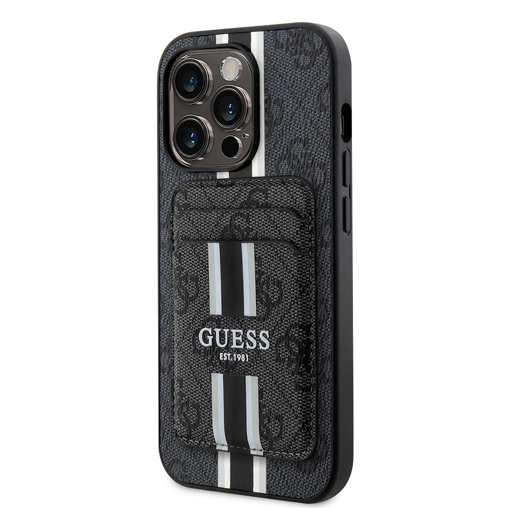 Apple iPhone 15 Pro Max Kılıf Guess Magsafe Şarj Özellikli 4G Desenli Çizgili Kartlıklı Kapak Siyah