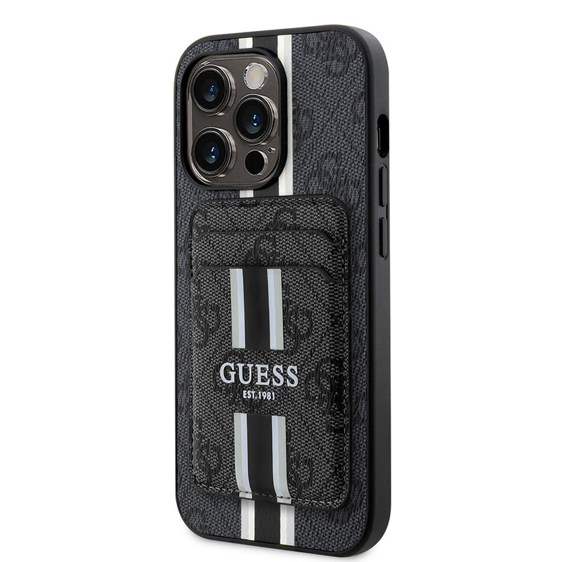 Apple iPhone 14 Pro Max Kılıf Guess Magsafe Şarj Özellikli 4G Desenli Çizgili Kartlıklı Kapak Siyah