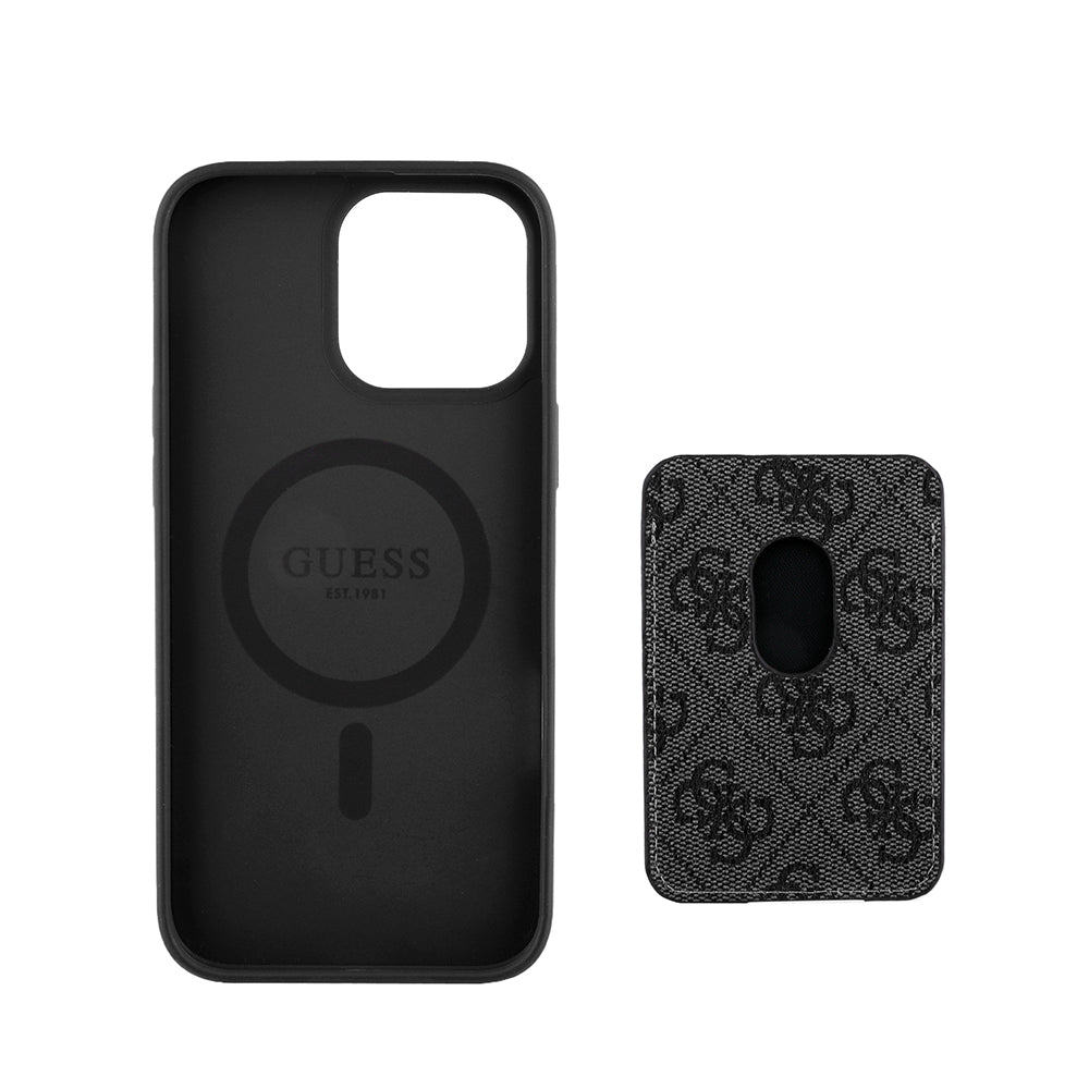 Apple iPhone 15 Pro Max Kılıf Guess Magsafe Şarj Özellikli 4G Desenli Çizgili Kartlıklı Kapak Siyah