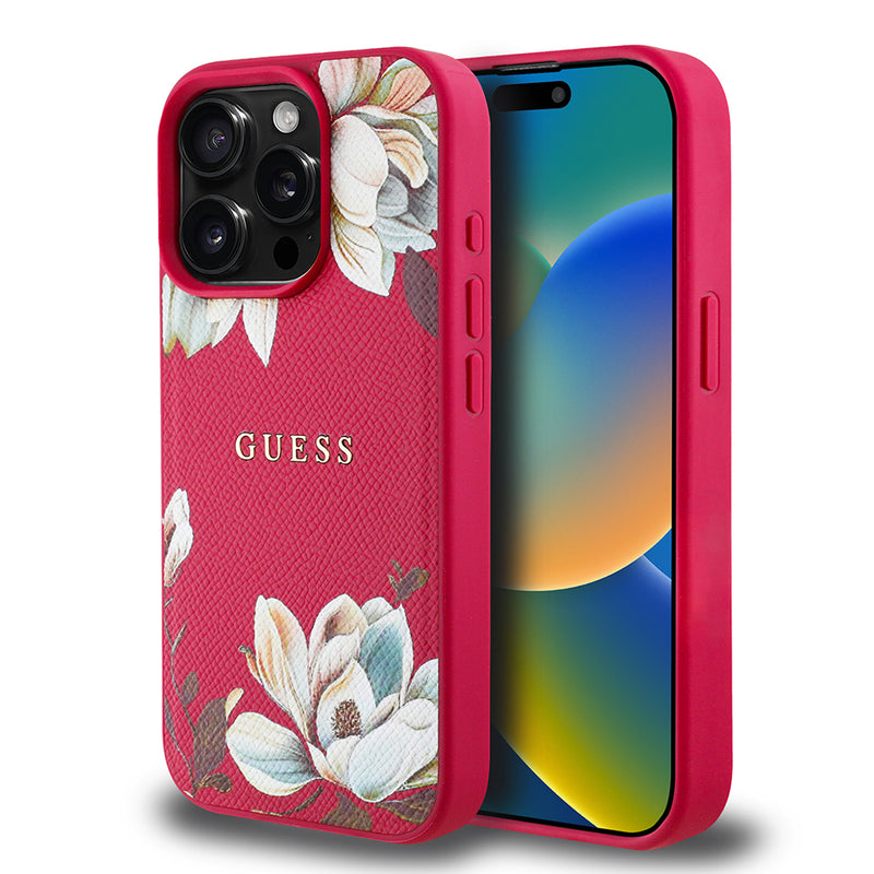 Apple iPhone 15 Pro Max Kılıf Guess Magsafe Şarj Özellikli Çiçek Tasarımlı Metal Yazı Logolu Kapak Fuşya