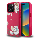 Apple iPhone 15 Pro Max Kılıf Guess Magsafe Şarj Özellikli Çiçek Tasarımlı Metal Yazı Logolu Kapak Fuşya