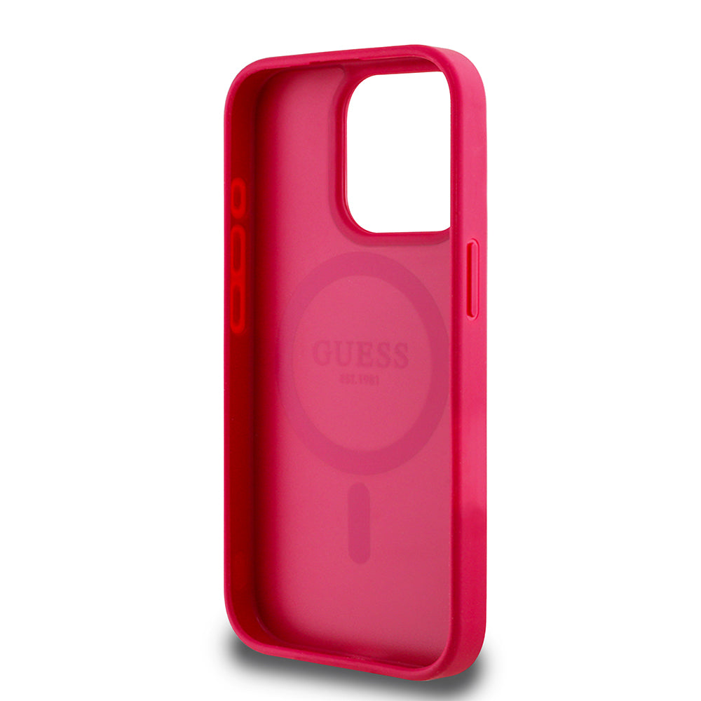 Apple iPhone 15 Pro Max Kılıf Guess Magsafe Şarj Özellikli Çiçek Tasarımlı Metal Yazı Logolu Kapak Fuşya