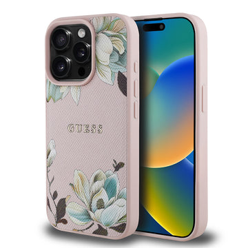 Apple iPhone 15 Pro Max Kılıf Guess Magsafe Şarj Özellikli Çiçek Tasarımlı Metal Yazı Logolu Kapak Pembe
