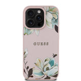 Apple iPhone 15 Pro Max Kılıf Guess Magsafe Şarj Özellikli Çiçek Tasarımlı Metal Yazı Logolu Kapak Pembe