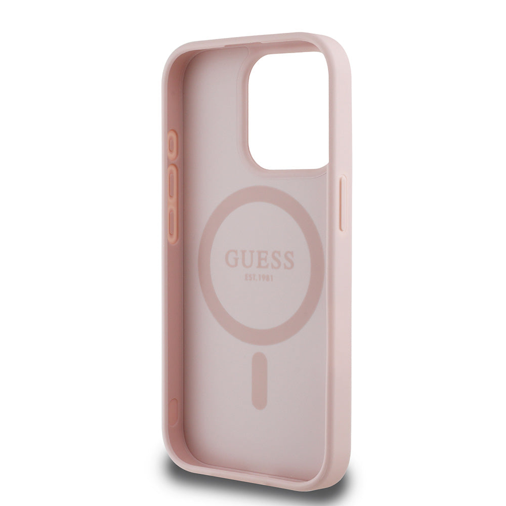 Apple iPhone 15 Pro Max Kılıf Guess Magsafe Şarj Özellikli Çiçek Tasarımlı Metal Yazı Logolu Kapak Pembe