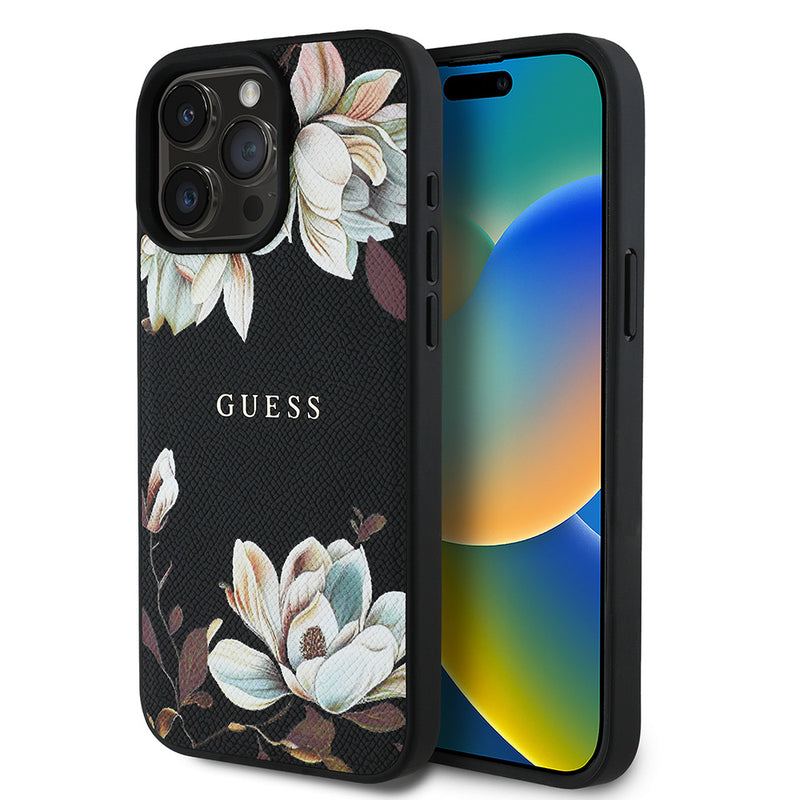 Apple iPhone 15 Pro Max Kılıf Guess Magsafe Şarj Özellikli Çiçek Tasarımlı Metal Yazı Logolu Kapak Siyah
