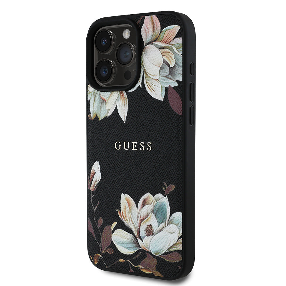 Apple iPhone 15 Pro Max Kılıf Guess Magsafe Şarj Özellikli Çiçek Tasarımlı Metal Yazı Logolu Kapak Siyah
