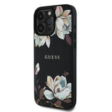 Apple iPhone 15 Pro Max Kılıf Guess Magsafe Şarj Özellikli Çiçek Tasarımlı Metal Yazı Logolu Kapak Siyah