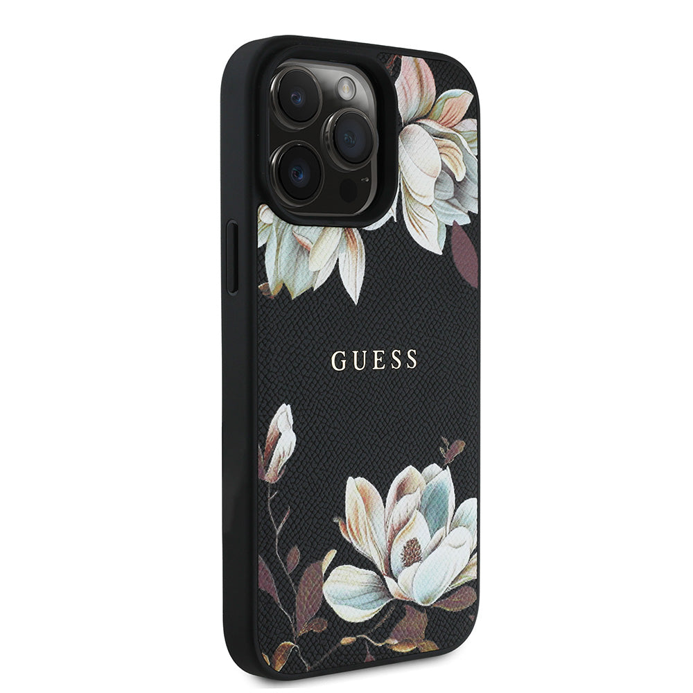 Apple iPhone 15 Pro Max Kılıf Guess Magsafe Şarj Özellikli Çiçek Tasarımlı Metal Yazı Logolu Kapak Siyah