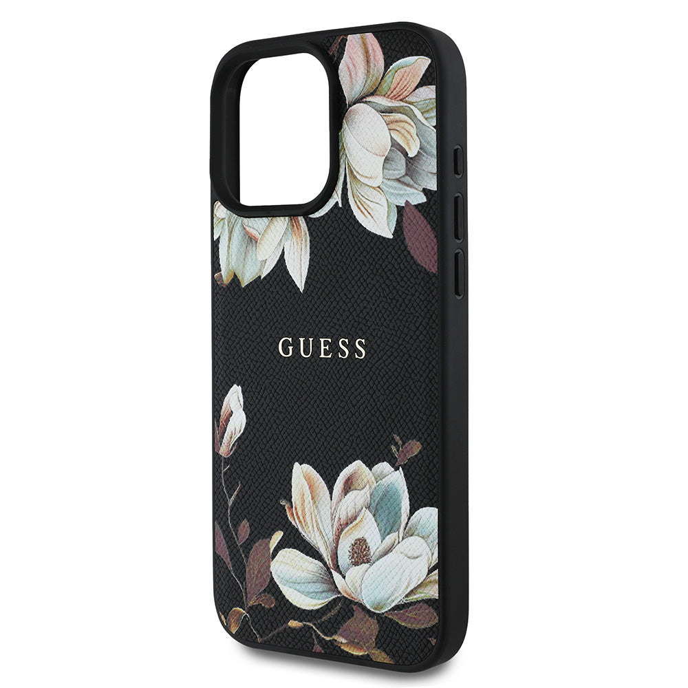 Apple iPhone 15 Pro Max Kılıf Guess Magsafe Şarj Özellikli Çiçek Tasarımlı Metal Yazı Logolu Kapak Siyah