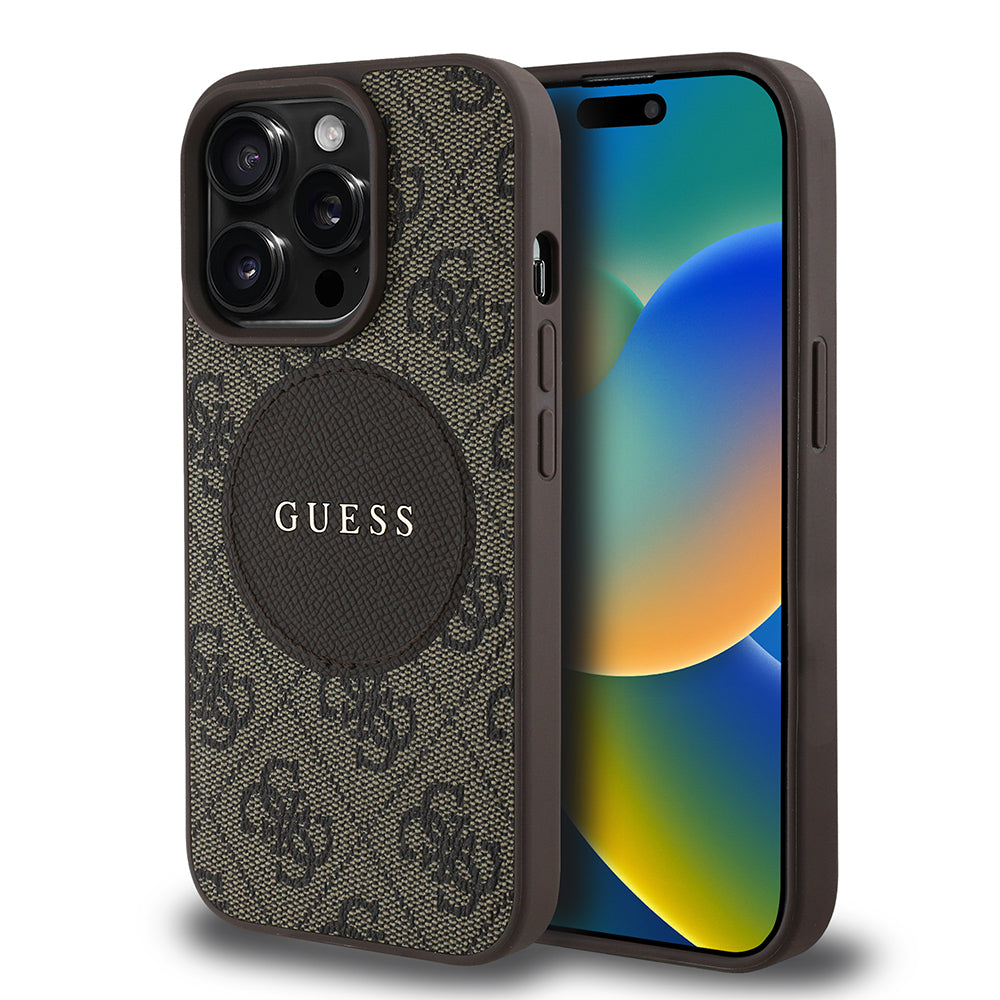 Apple iPhone 15 Pro Max Kılıf Guess Magsafe Şarj Özellikli Circle Classic Kapak Kahverengi