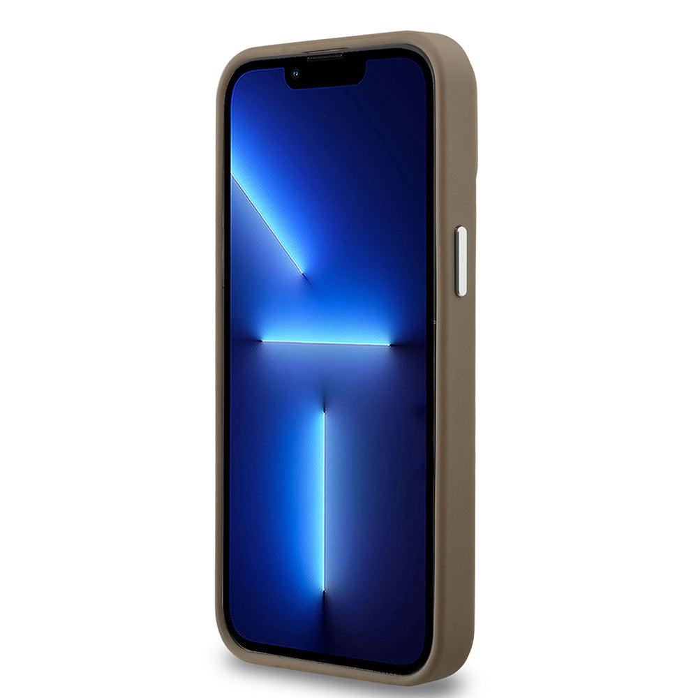 Apple iPhone 15 Pro Max Kılıf Guess Magsafe Şarj Özellikli Grained Triangle Kapak Kahverengi