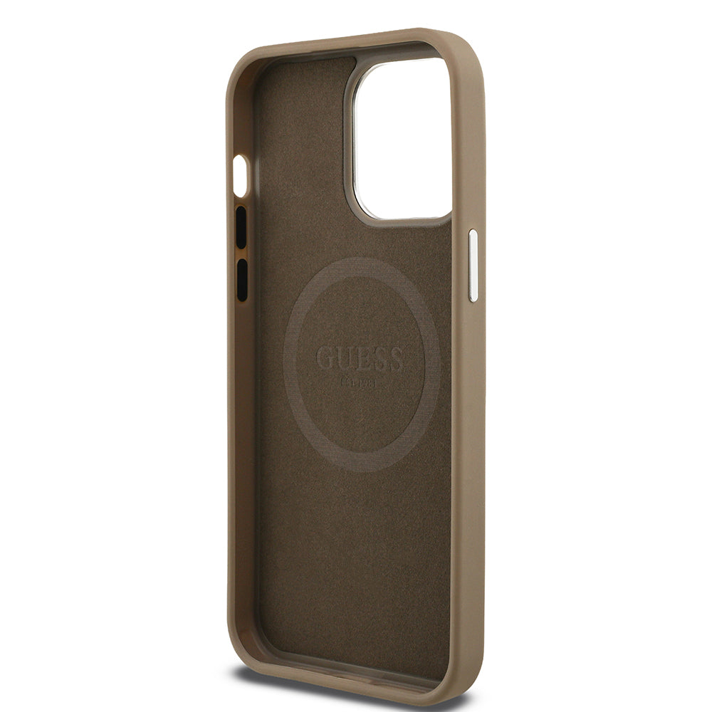 Apple iPhone 15 Pro Max Kılıf Guess Magsafe Şarj Özellikli Grained Triangle Kapak Kahverengi