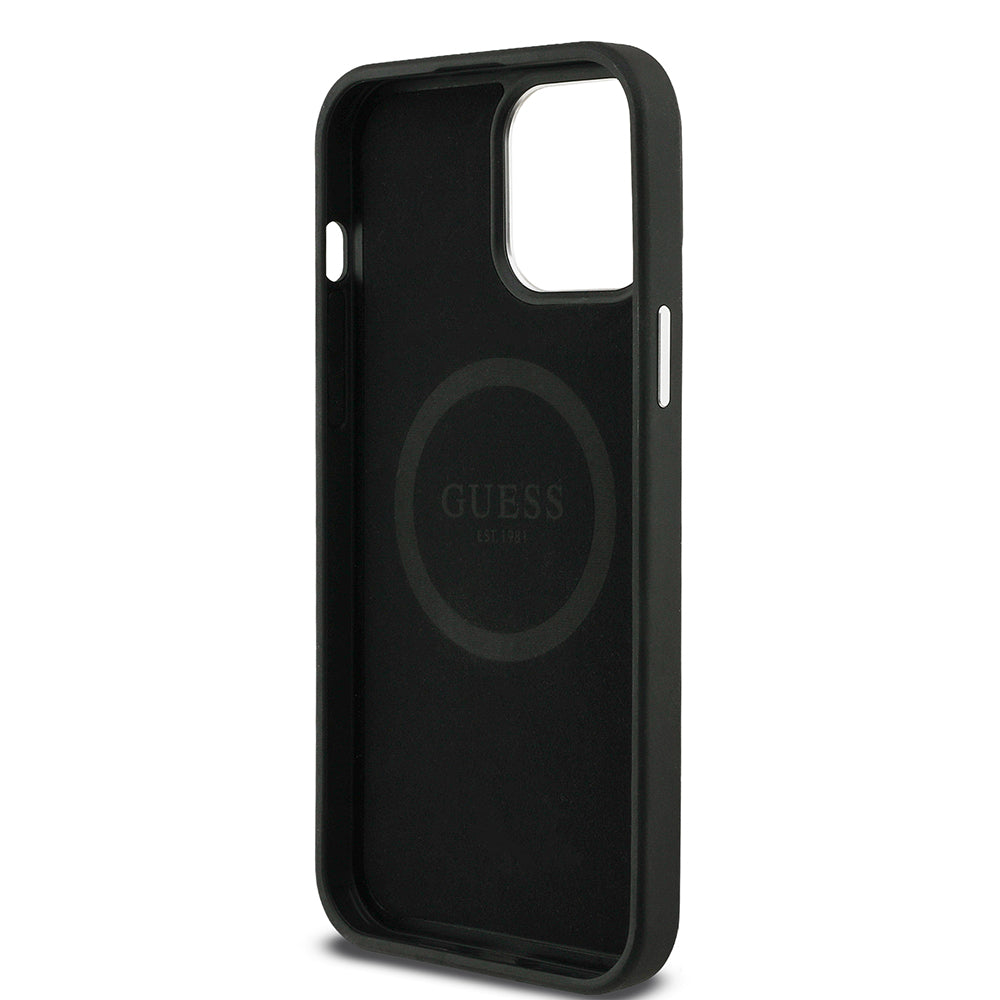 Apple iPhone 15 Pro Max Kılıf Guess Magsafe Şarj Özellikli Grained Triangle Kapak Siyah