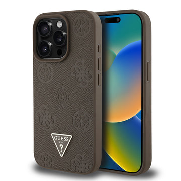 Apple iPhone 15 Pro Max Kılıf Guess Magsafe Şarj Özellikli Üçgen Logolu PU Deri Peony Kapak Kahverengi