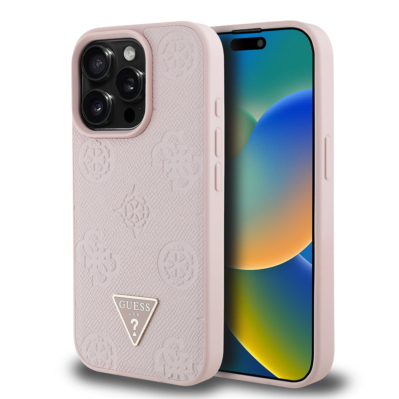 Apple iPhone 15 Pro Max Kılıf Guess Magsafe Şarj Özellikli Üçgen Logolu PU Deri Peony Kapak Pembe
