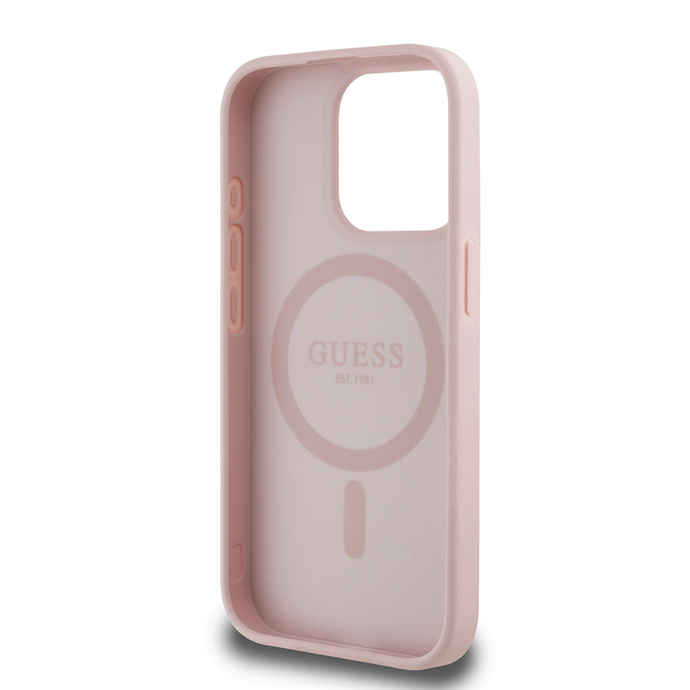 Apple iPhone 15 Pro Max Kılıf Guess Magsafe Şarj Özellikli Üçgen Logolu PU Deri Peony Kapak Pembe