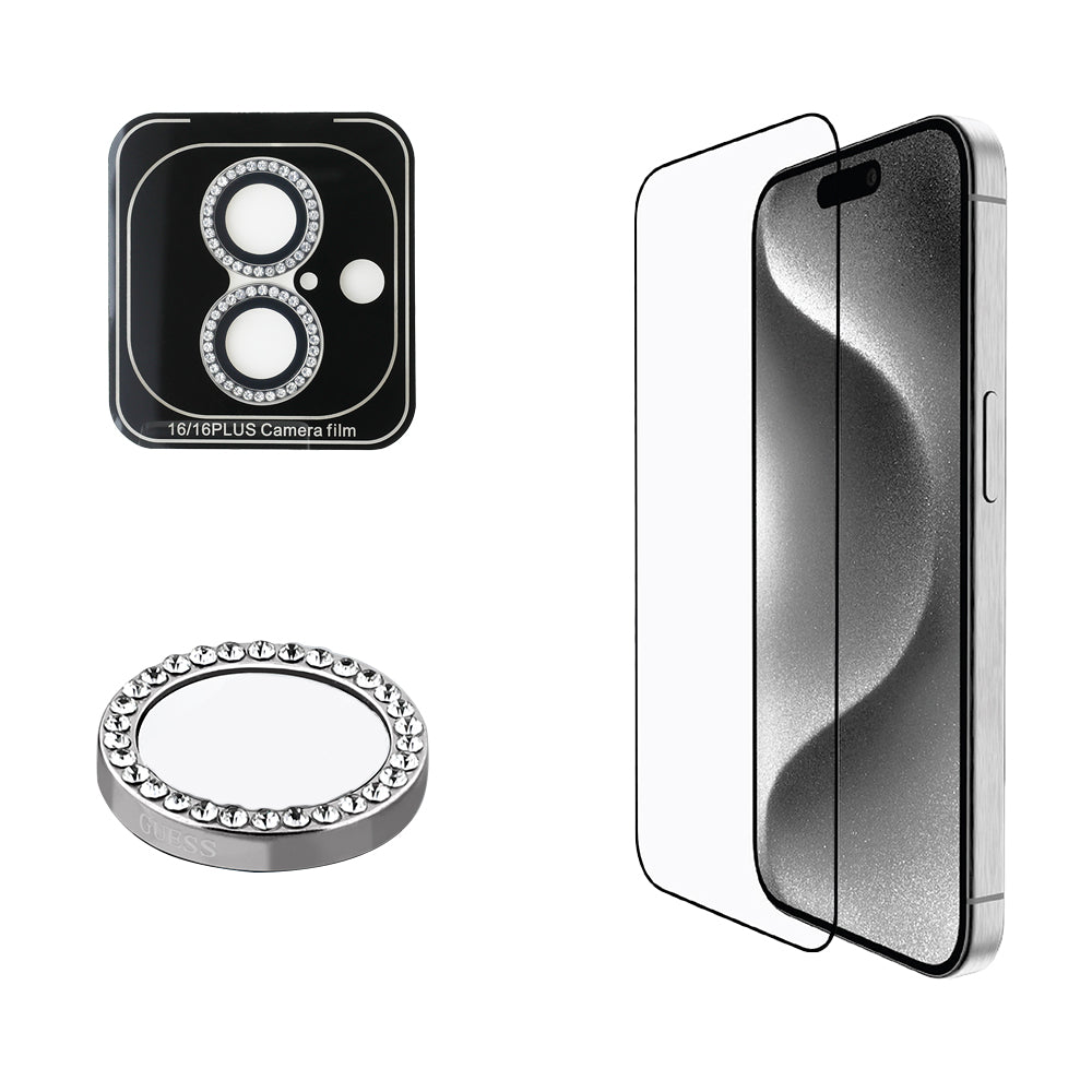 Apple iPhone 16 Guess 2in1 Aksesuar Seti Ekran ve Rhinestone Taşlı Lens Koruyucu Gümüş