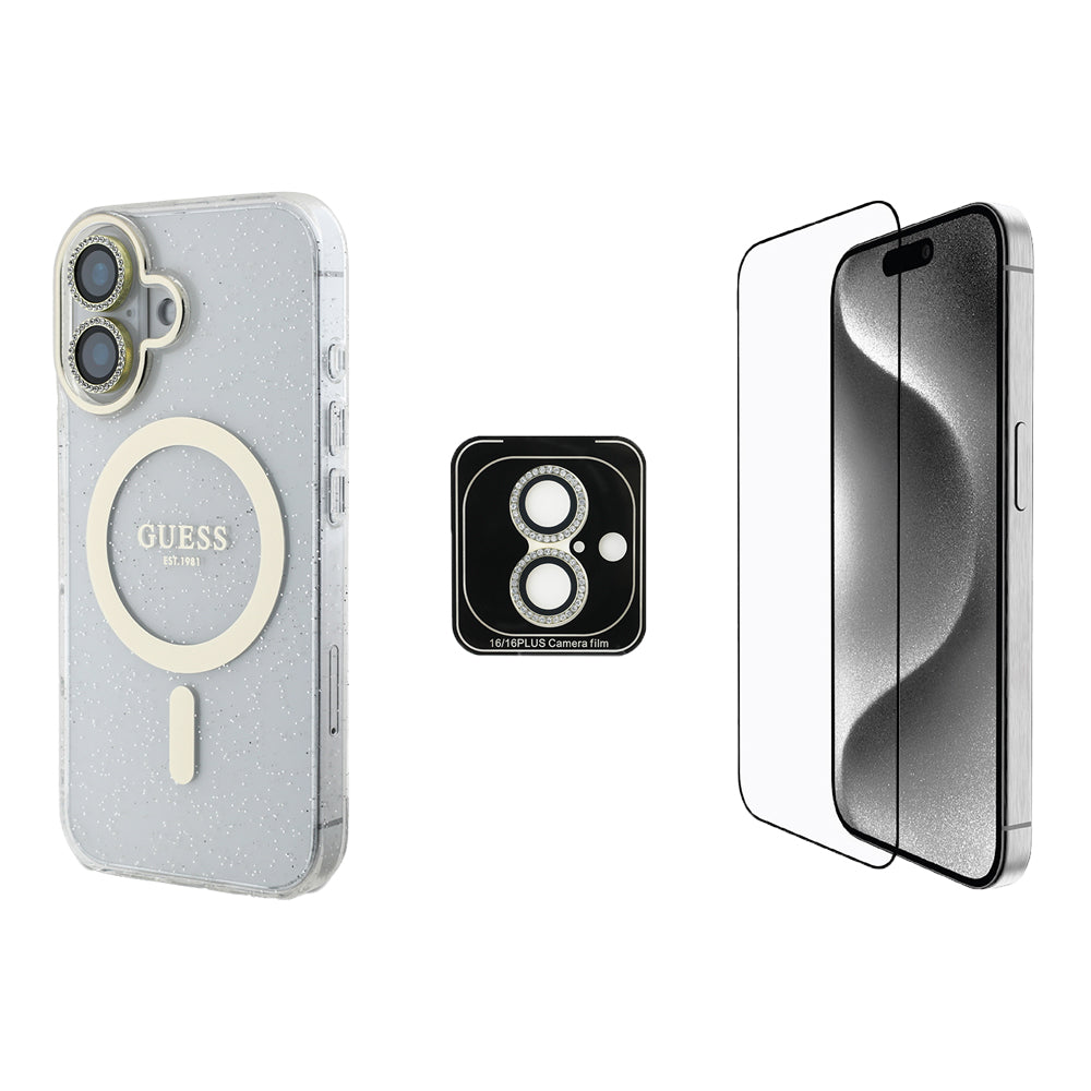 Apple iPhone 16 Guess 3'lü Aksesuar Seti Simli Glitter Kılıf Ekran ve Lens Koruyucu