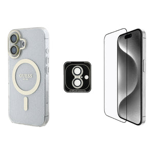 Apple iPhone 16 Guess 3'lü Aksesuar Seti Simli Glitter Kılıf Ekran ve Lens Koruyucu