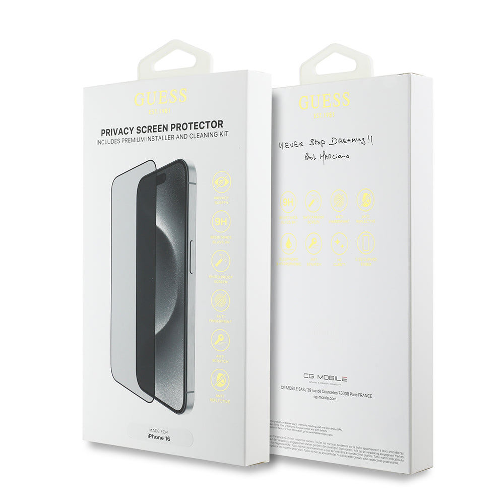 Apple iPhone 16 Guess Hayalet Privacy Temperli Cam Ekran Koruyucu Uygulama Aparatlı Outline Serisi