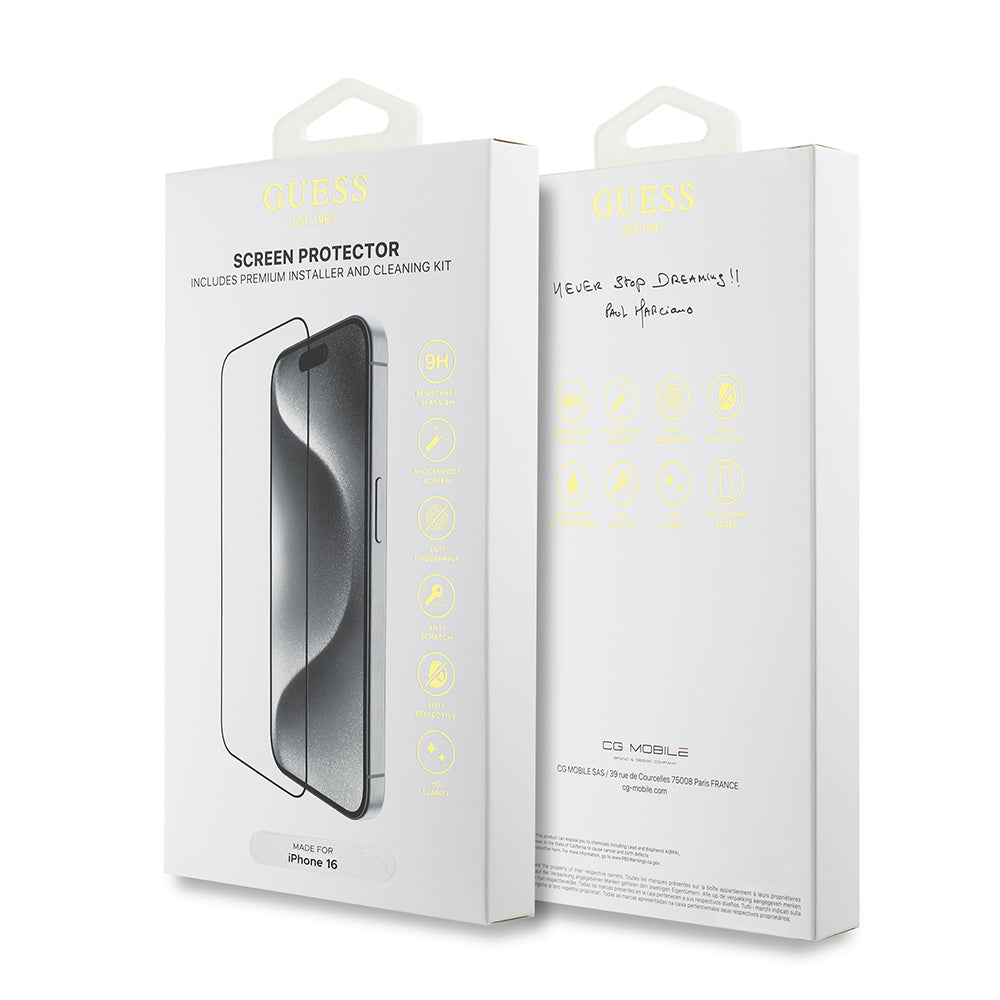 Apple iPhone 16 Guess Temperli Cam Ekran Koruyucu Uygulama Aparatlı Outline Serisi