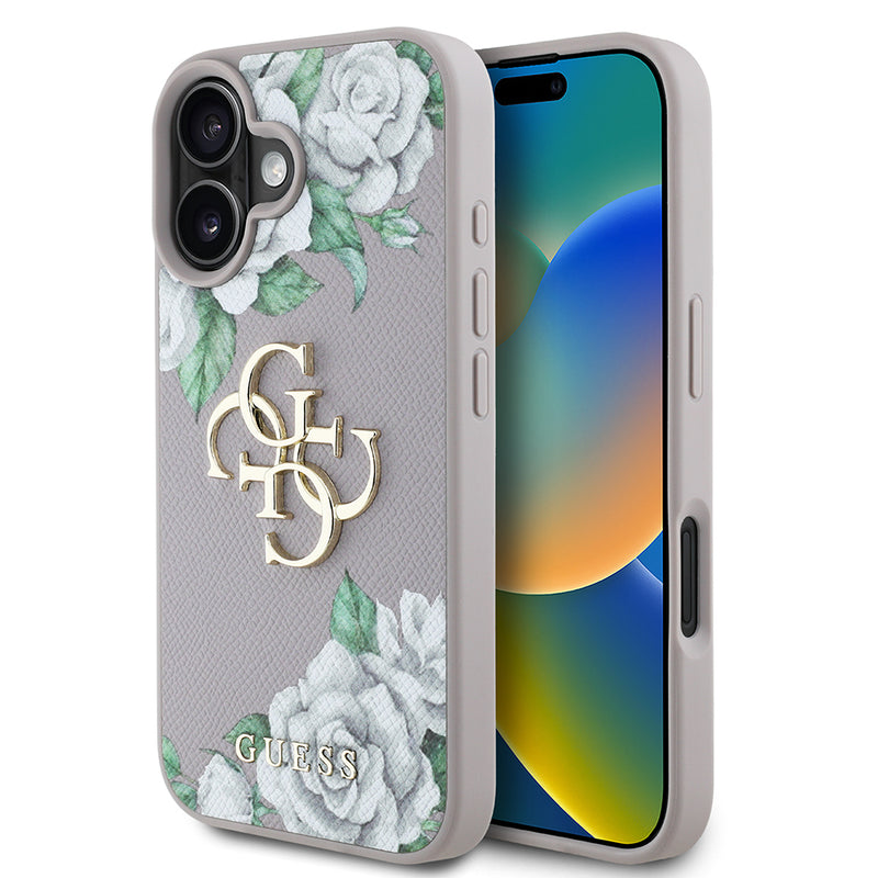 Apple iPhone 16 Kılıf Guess Beyaz Gül Baskılı Büyük Metal Logolu Kapak Gri