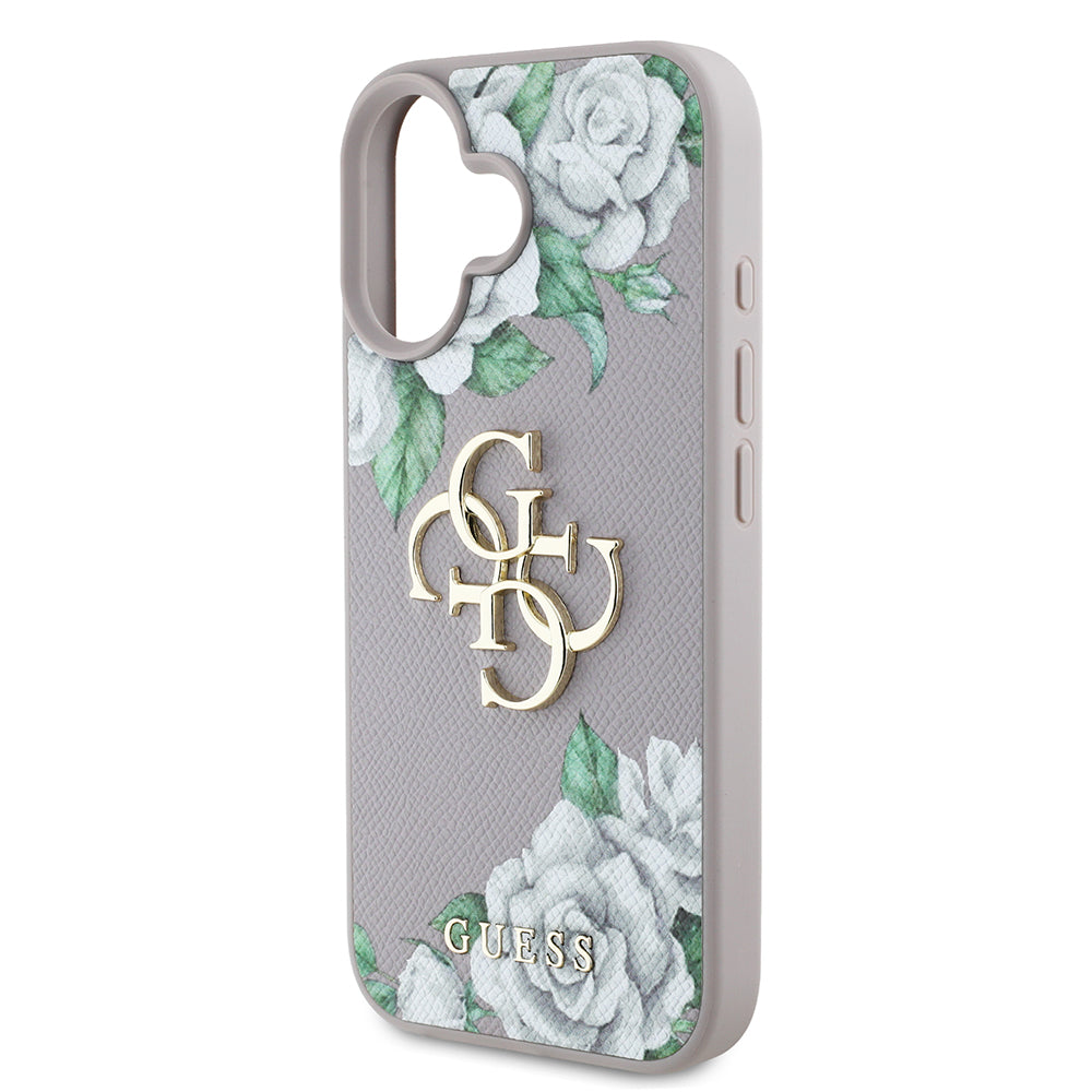 Apple iPhone 16 Kılıf Guess Beyaz Gül Baskılı Büyük Metal Logolu Kapak Gri
