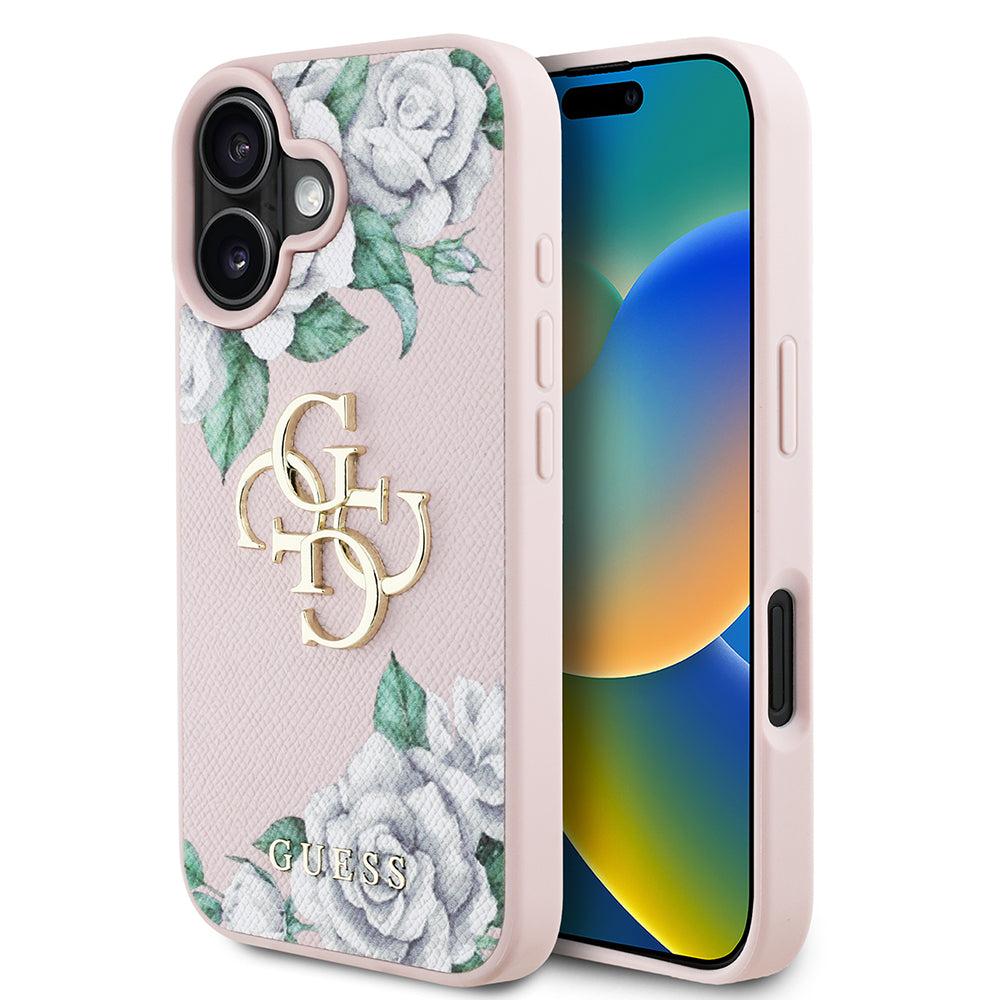 Apple iPhone 16 Kılıf Guess Beyaz Gül Baskılı Büyük Metal Logolu Kapak Pembe