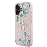 Apple iPhone 16 Kılıf Guess Beyaz Gül Baskılı Büyük Metal Logolu Kapak Pembe