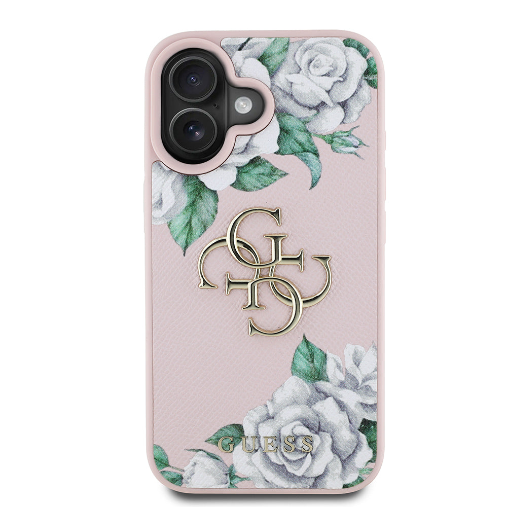 Apple iPhone 16 Kılıf Guess Beyaz Gül Baskılı Büyük Metal Logolu Kapak Pembe
