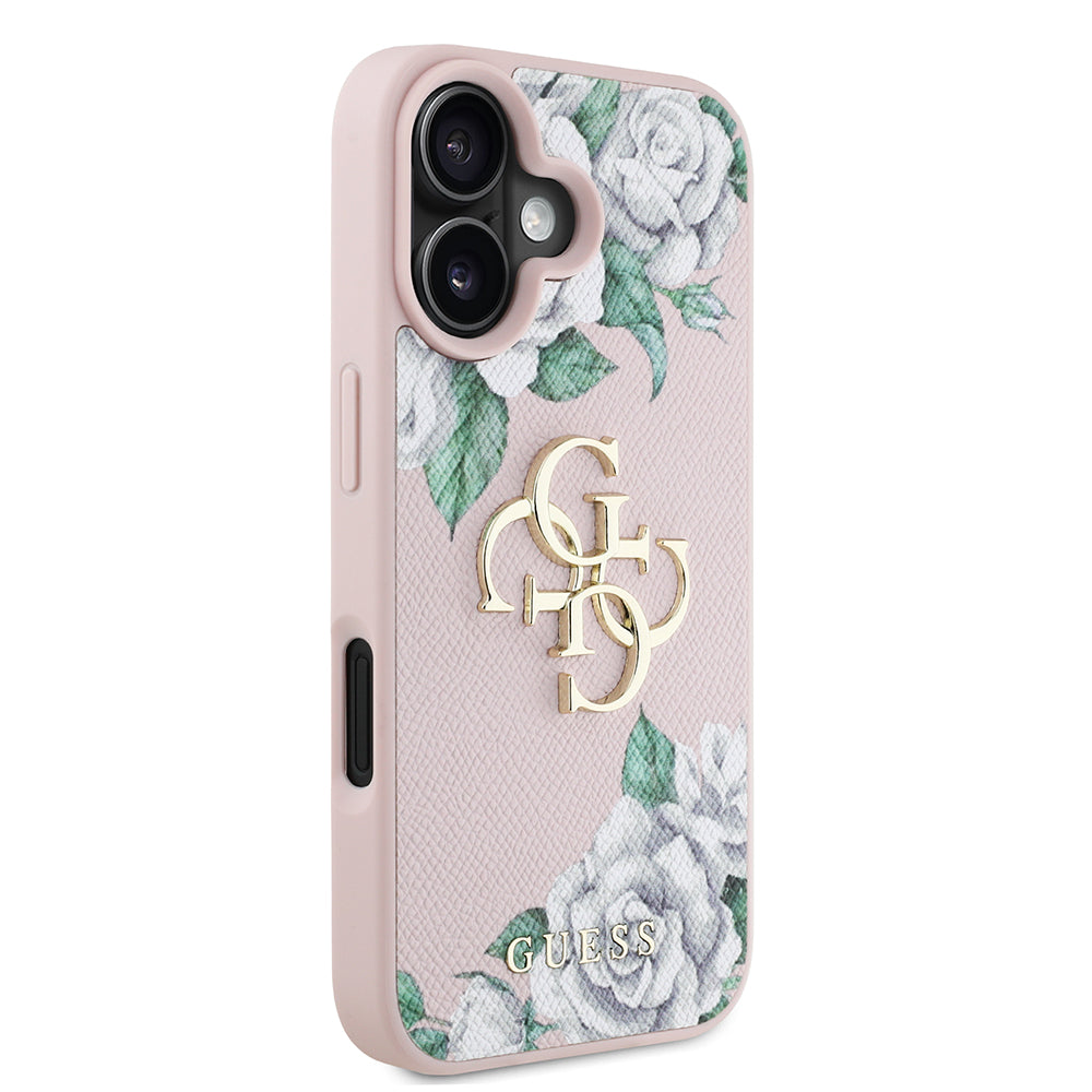 Apple iPhone 16 Kılıf Guess Beyaz Gül Baskılı Büyük Metal Logolu Kapak Pembe