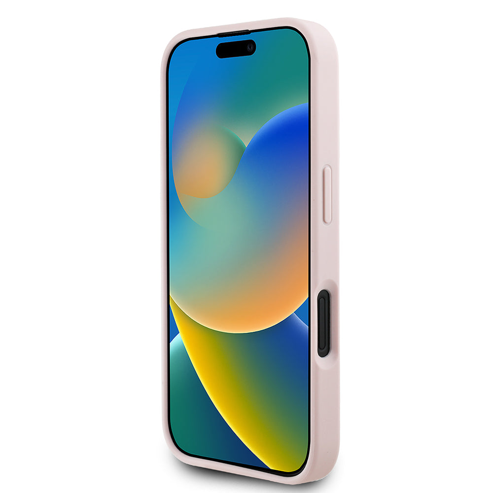 Apple iPhone 16 Kılıf Guess Beyaz Gül Baskılı Büyük Metal Logolu Kapak Pembe