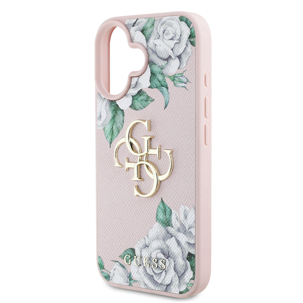Apple iPhone 16 Kılıf Guess Beyaz Gül Baskılı Büyük Metal Logolu Kapak Pembe