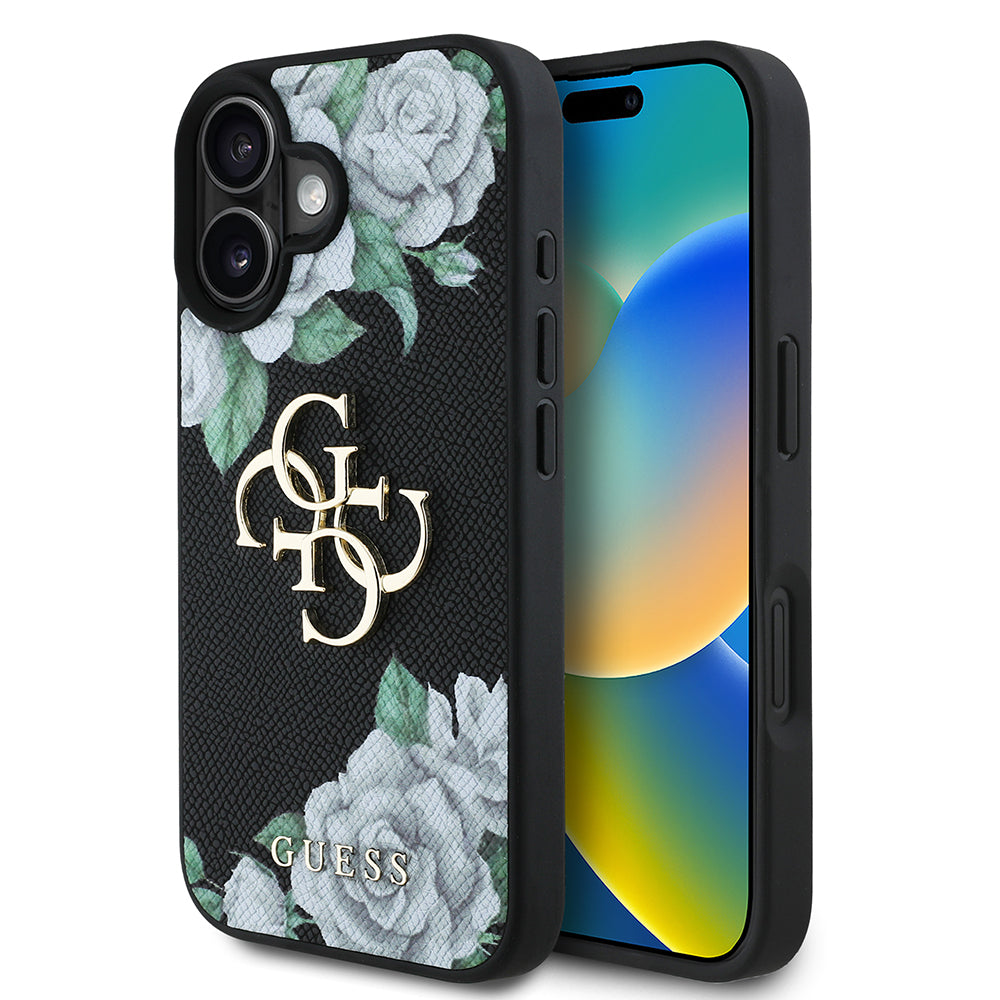 Apple iPhone 16 Kılıf Guess Beyaz Gül Baskılı Büyük Metal Logolu Kapak Siyah