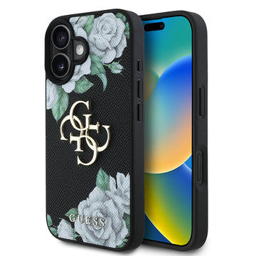Apple iPhone 16 Kılıf Guess Beyaz Gül Baskılı Büyük Metal Logolu Kapak Siyah